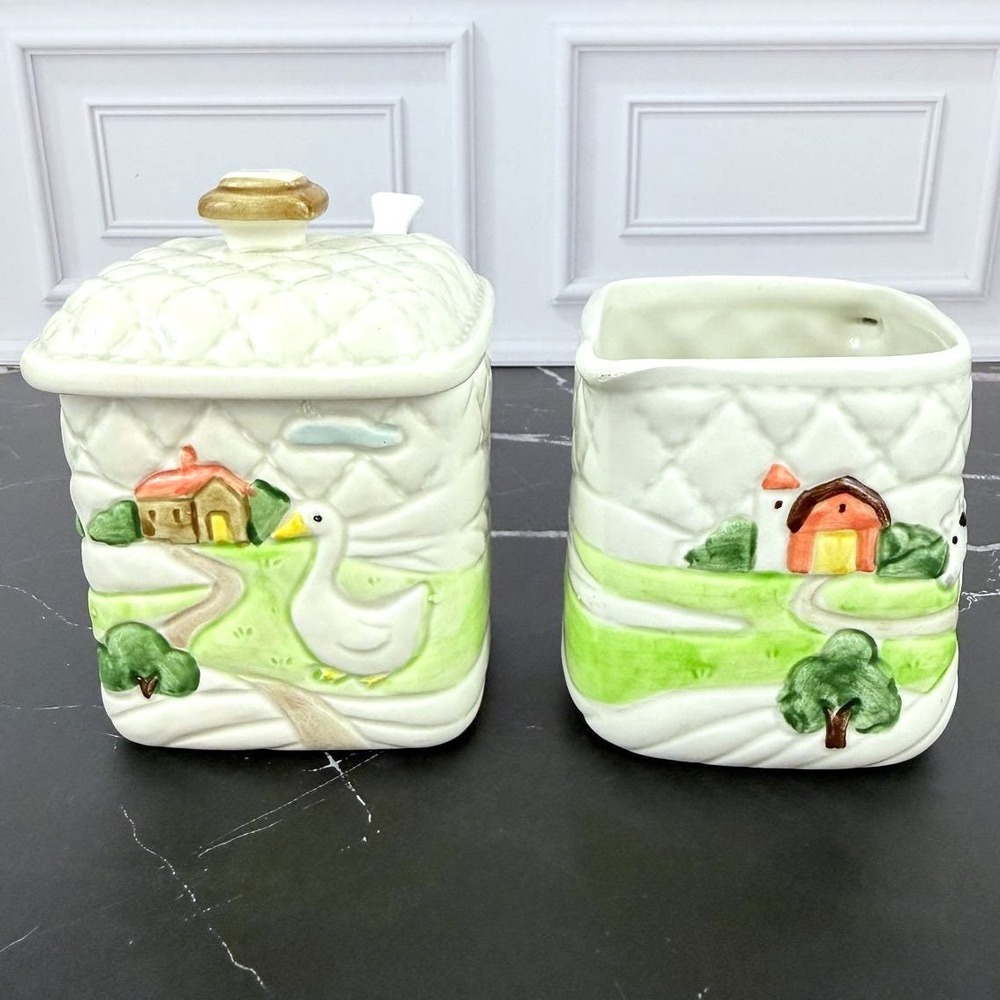 VTG 1982 Otagiri Goose Cow Farm Quilted Ceramic Lidded Sugar and Creamer Set